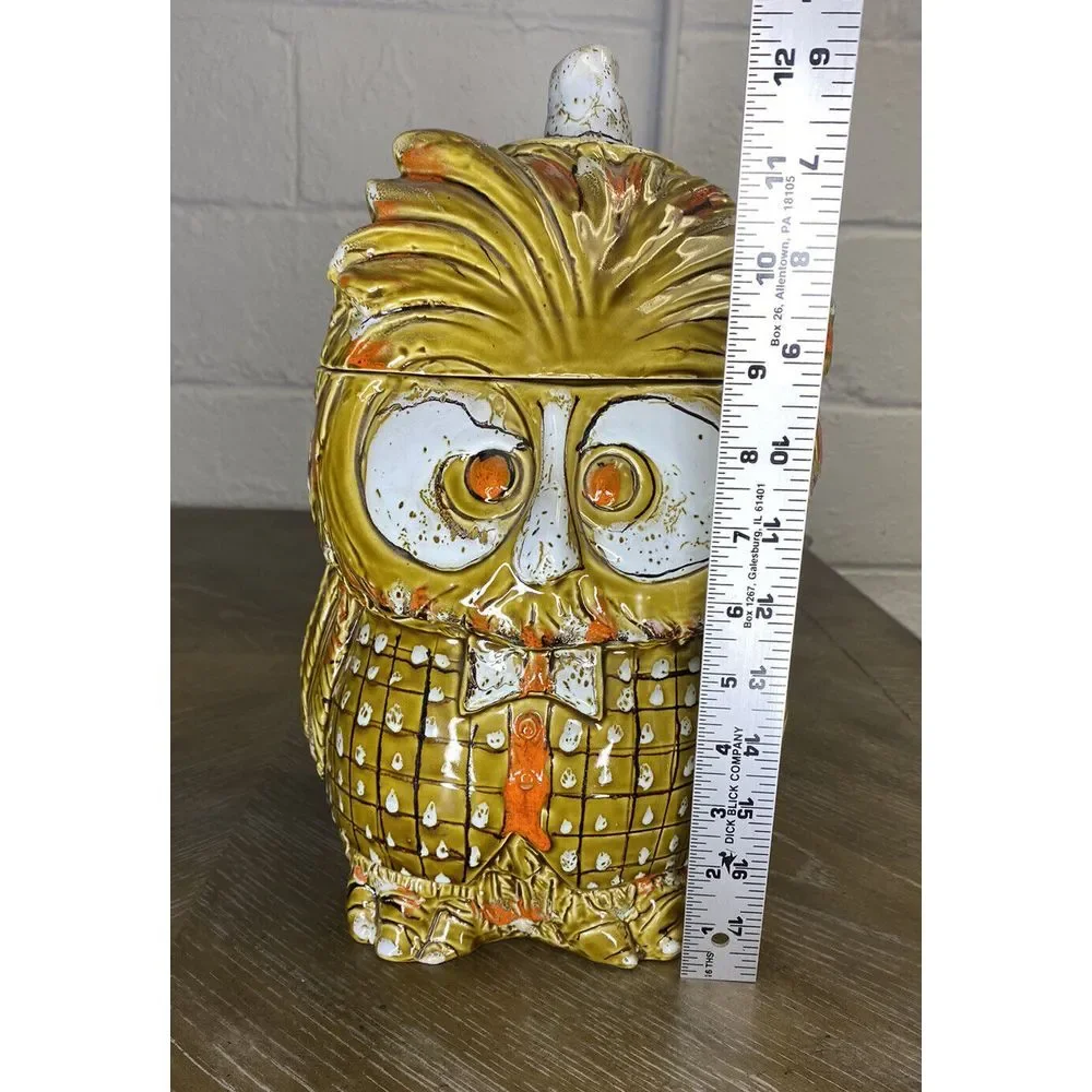 Vintage Owl Cookie Jar Italy Pottery Midcentury Bowtie Glasses Mustard Yellow‎